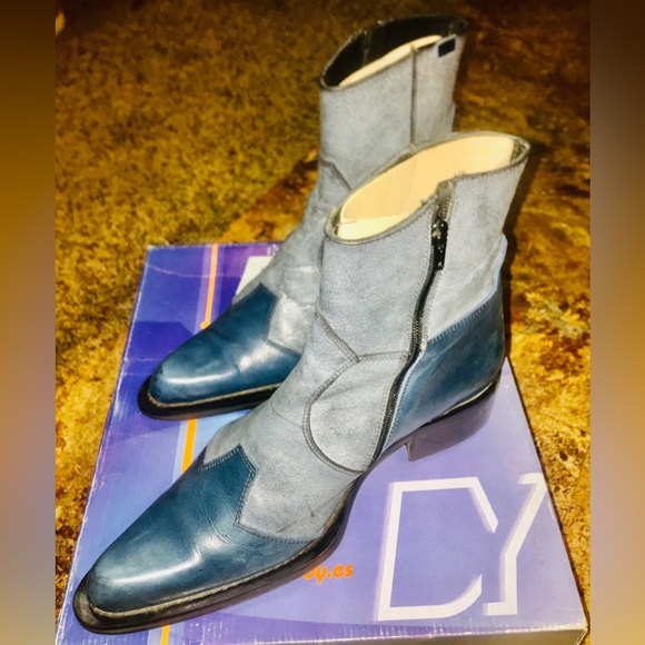 MENS SALVATORE 2 Tone Distressed Denim Blue Zippered BOOTS - Picture 3 of 7